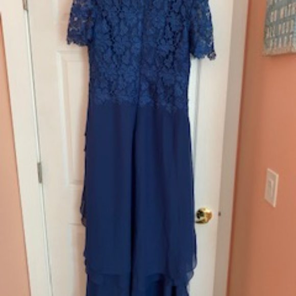 Scoop Neck Asymmetrical Chiffon Lace Mother of the Bride Dress With Cascading Ru - Picture 2 of 5